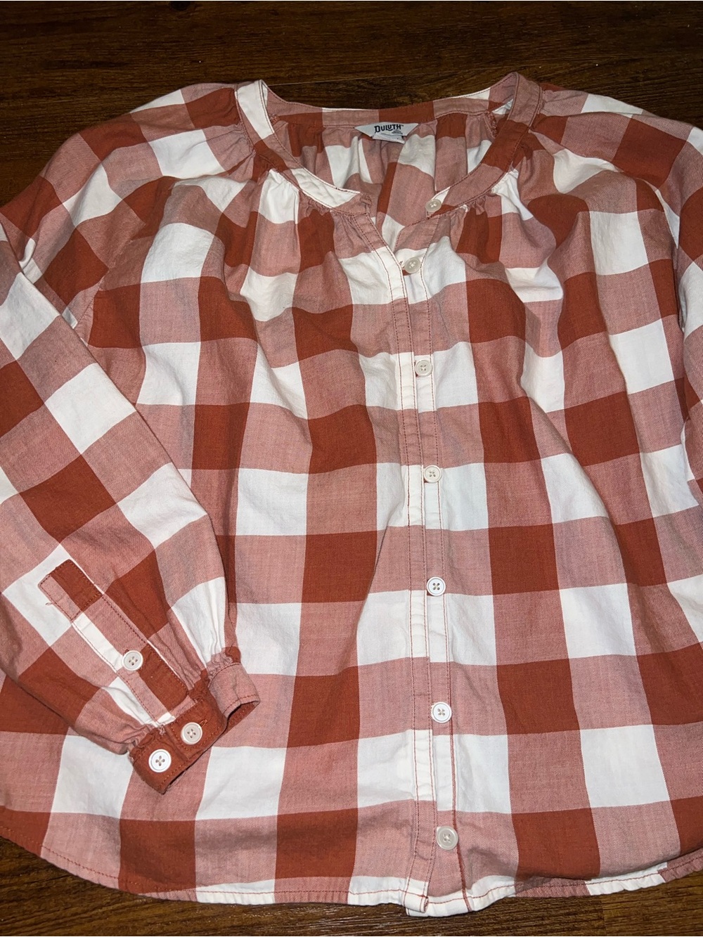Duluth Peasant Blouse Rust & White Gingham Button Front Long Sleeve Top Size S - Picture 6 of 9